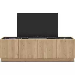 Meuble TV 4 portes effet bois et marbre noir 160 cm