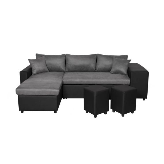 Canapé d’angle OSLO convertible avec coffre et poufs en microfibre/simili – Gris/Noir, Rangement poufs à droite – 241 x 148 x 71 cm – Usinestreet