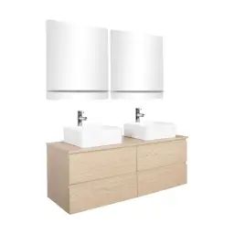Meuble double vasque 120cm avec plan bois  chêne+vasque+robinet+miroir