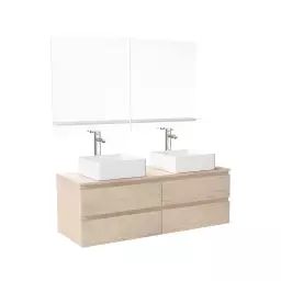 Meuble double vasque 120cm avec plan bois  chêne+vasque+robinet+miroir