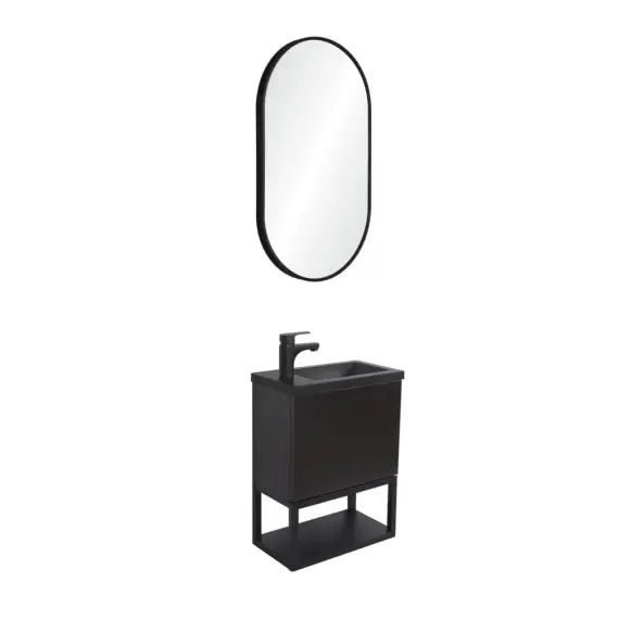 Meuble lave-mains  noir carbone suspendu + miroir ovale