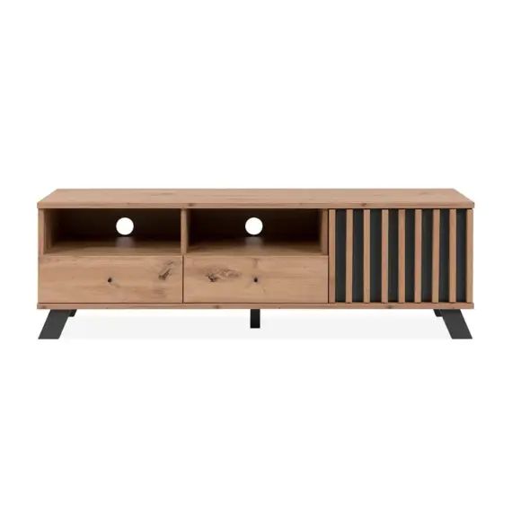 Meuble TV 1 porte, 2 tiroirs et 2 niches effet bois – L138 x H44cm