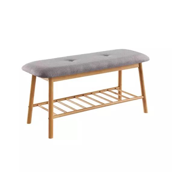 Banc avec assise en tissu gris et structure en bambou