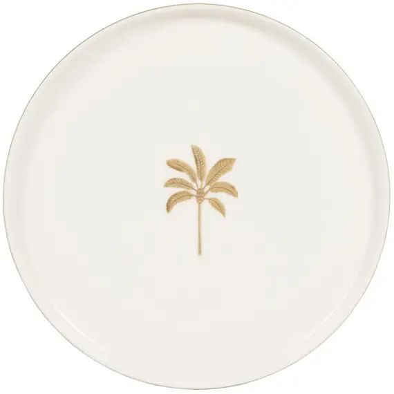 Assiette plate en porcelaine beige motif palmier doré et marron