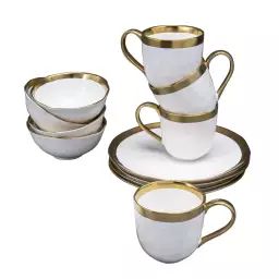 Lot 6 mugs, 6 bols, 6 assiettes plates en porcelaine blanche et dorée