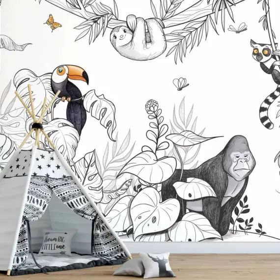 Papier peint enfant panoramique enfant jungle 300 x 250 cm couleurs