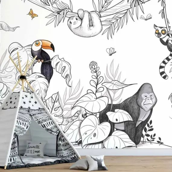 Papier peint enfant panoramique enfant jungle 300 x 250 cm couleurs