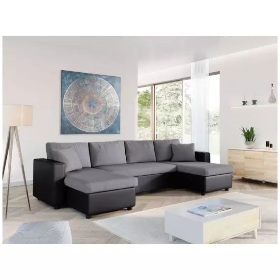 Canapé d’Angle Panoramique MARIA Convertible en simili et microfibre – Gris et Noir – 295 x 146 x 85 cm – Usinestreet
