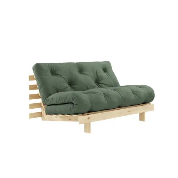 Canapé convertible en bois naturel et tissu vert olive 2 places