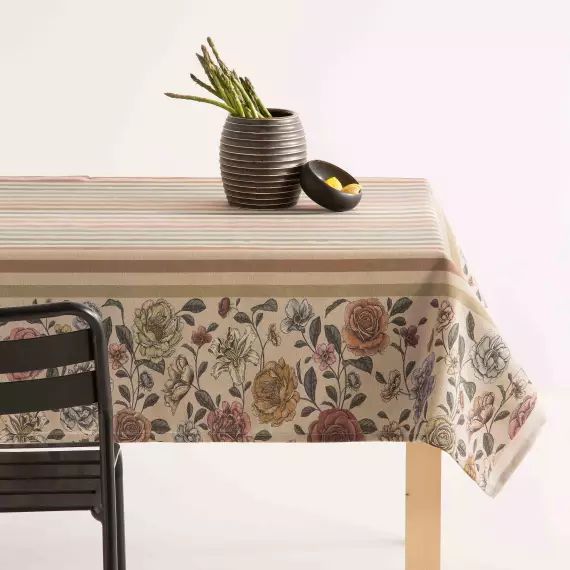 Nappe en lin imprimée taupe avec traitement anti-taches 140×240 cm