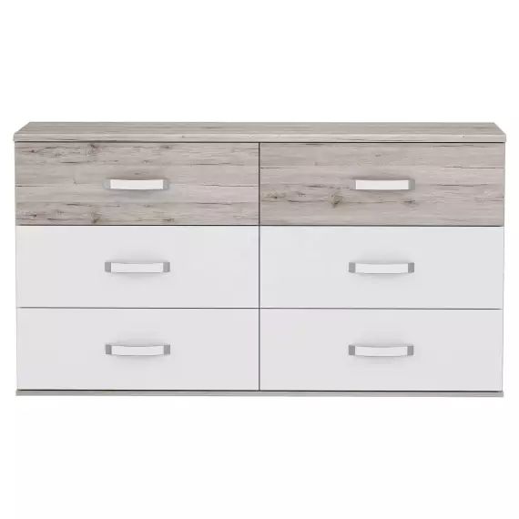 Commode 6 tiroirs DOLCE coloris imitation chêne cendré et blanc haute brillance