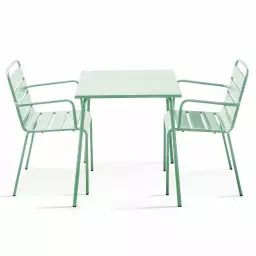 Ensemble table de jardin carrée et 2 fauteuils acier vert sauge