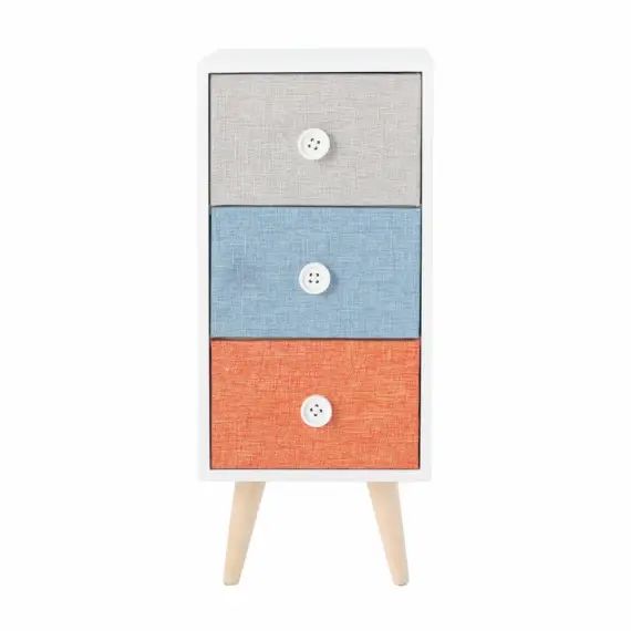 Table de chevet avec 3 tiroirs à boutons en MDF et tissu blanche