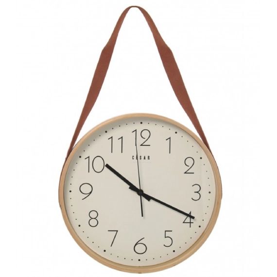 Horloge suspendue en bois lanière similicuir marron D32