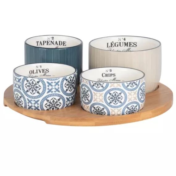 Plateau apéritif en bambou 4 bols en faïence bleue, beige et blanche à motifs