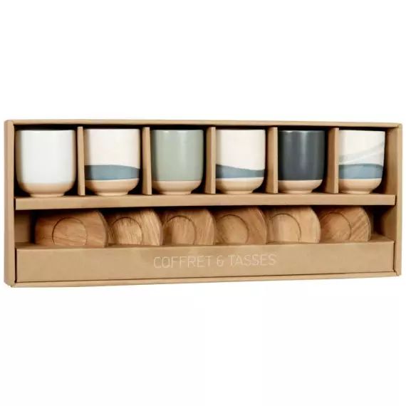 Coffret tasses en grès bleu et crème (x6) soucoupes en bois d’acacia