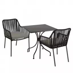Salon de jardin 2 pers. – table carrée 70cm et 2 fauteuils gris/noirs