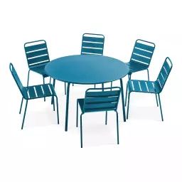Ensemble table de jardin ronde et 6 chaises en métal bleu pacific