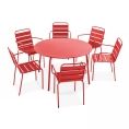 image de tables de jardin scandinave Table de jardin ronde et 6 fauteuils acier rouge
