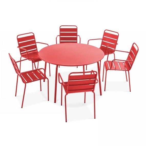 Table de jardin ronde et 6 fauteuils acier rouge