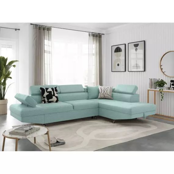 Canapé d’angle RIO Convertible avec coffre en tissu – Angle Droit, Bleu clair – 271 x 192 x 85 cm – Usinestreet