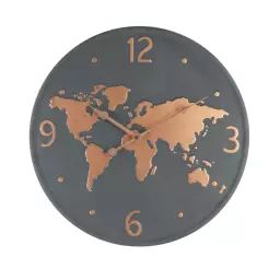 Horloge murale carte du monde en métal gris foncé et cuivre ø 45 cm