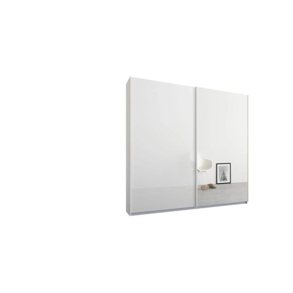 Malix, armoire à 2 portes coulissantes, 181 cm, cadre blanc et portes en verre blanc et miroir, intérieur premium