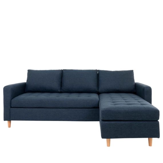 Canapé d’angle réversible 3 places en tissu bleu denim et pieds bois