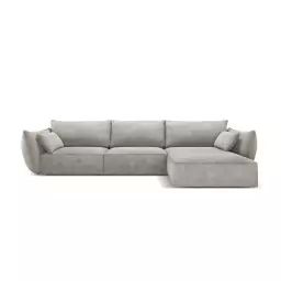 Canapé d’angle droit 4 places en tissu chenille gris clair