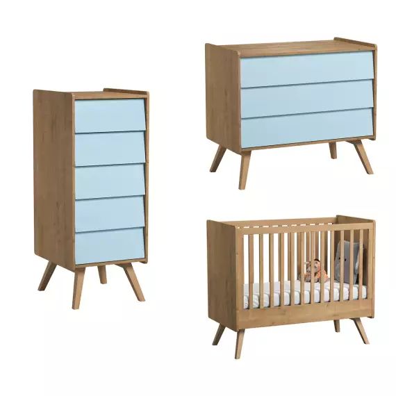 Chambre bébé : Trio – lit bébé 60×120 commode chiffonnier naturel bleu