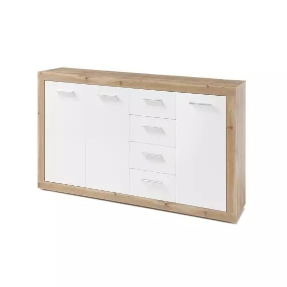 Buffet 3 portes et 4 tiroirs L152cm – Blanc et contour effet chêne