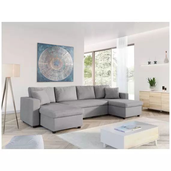 Canapé d’Angle Panoramique MARIA Convertible en tissu – Gris clair – 295 x 146 x 85 cm – Usinestreet