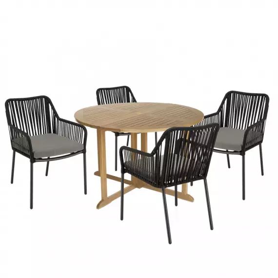Salon de jardin 4 pers. – 1 table ronde D120 et 4 fauteuils noirs