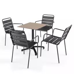 Ensemble table de jardin stratifié chene clair et 4 fauteuils grises