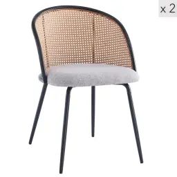 Lot de 2 chaises en métal et cannage avec assise en  tissu gris