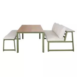 Ensemble banquette de jardin en aluminium vert kaki et coussins écrus, 1 banc et 1 table