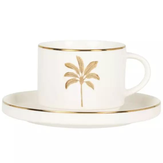 Tasse à thé et soucoupe en porcelaine blanche motif palmier doré et marron