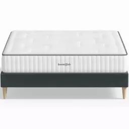 Pack lit 160×200 en velours bleu nuit + Matelas latex