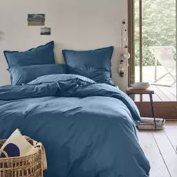 Parure de lit unie en coton bleu 260×240