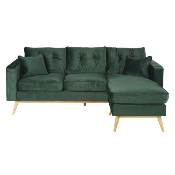 Canapé d&rsquo;angle style scandinave 4/5 places en velours vert