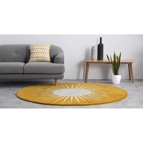 Vaserely, grand tapis en laine circulaire 200 cm, jaune moutarde