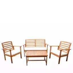 Kimo – Salon de jardin 1 canapé, 2 fauteuils et 1 table basse en bois d’acacia – Couleur – Ecru