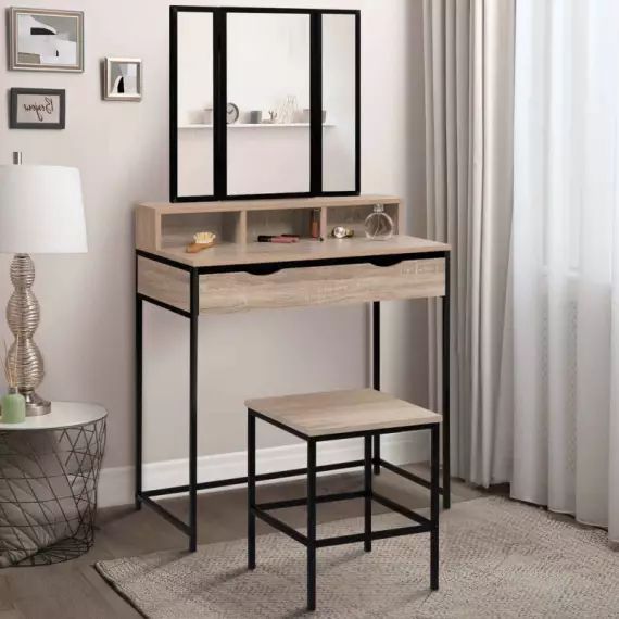 Coiffeuse DETROIT 3 miroirs avec 3 niches, 1 tiroir et tabouret