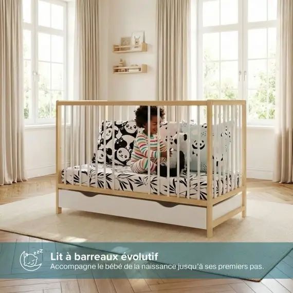 Lit Bébé évolutif avec tiroir  60×120 (matelas non inclus)