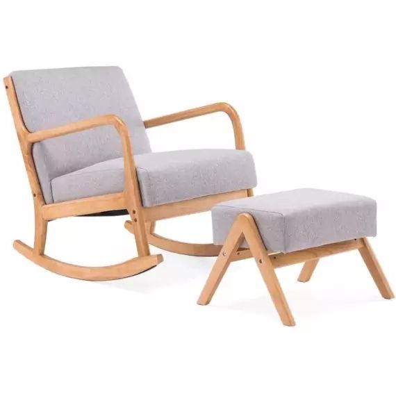 Rocking Chair + pouf scandinave en bois et tissu gris