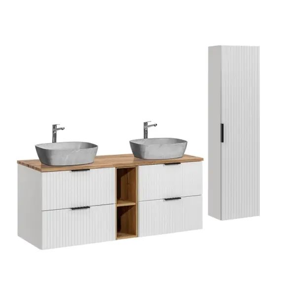 Ensemble meuble double vasque 140cm et colonne stratifiés blanc