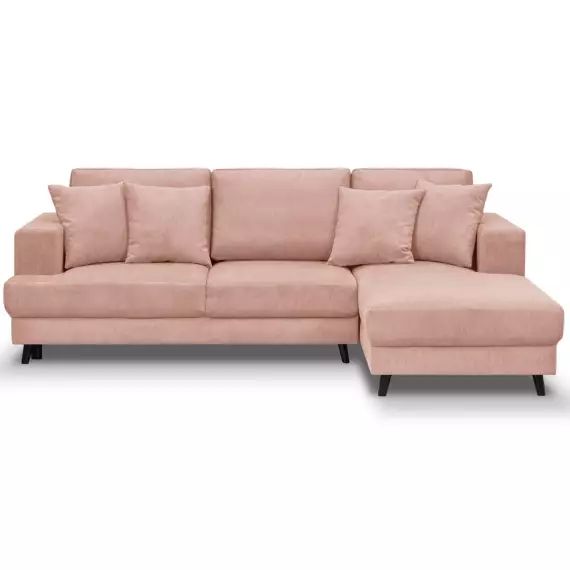 Canapé d’angle droit convertible 4 places en velours côtelé rose pâle