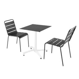 Ensemble table de jardin stratifié noir et 2 fauteuils gris