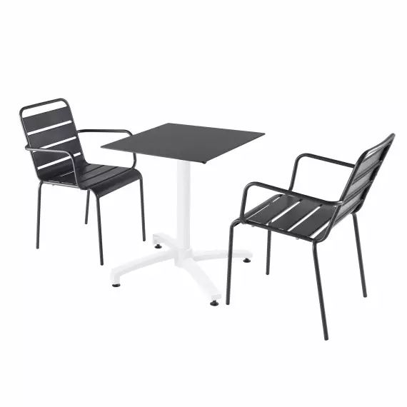 Ensemble table de jardin stratifié noir et 2 fauteuils gris