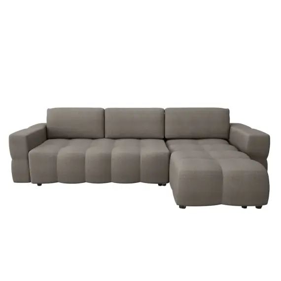 Canapé d&rsquo;angle droit convertible coffre tissu tramé taupe 260cm